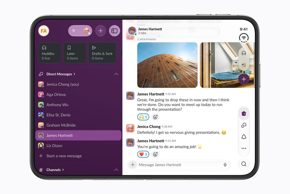 Apple's demonstration of Slack on the unfolded iPhone Duo display