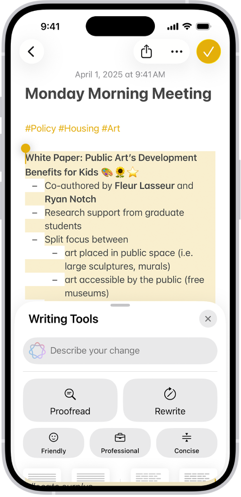Writing Tools in Notes on iPhone with Proofread, Rewrite and tone controls
