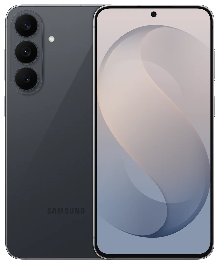 Samsung Galaxy S26 FE in Graphite, front and rear views